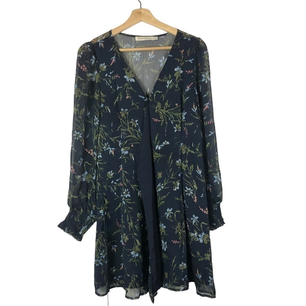 Boutique Reference Navy Blue Floral Long Sleeve Wrap Mini Dress L‎